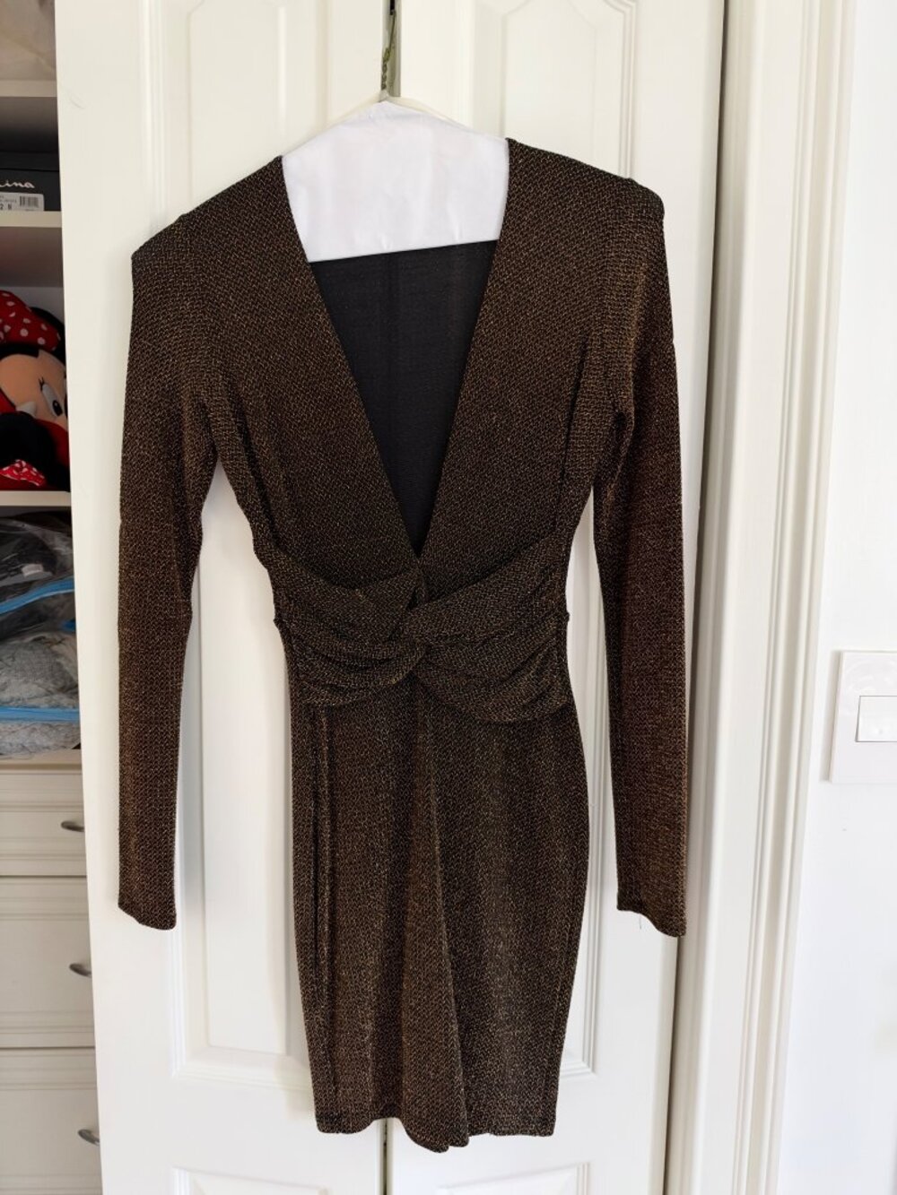 Bronze Metallic Long Sleeve Knot Waist Midi Dress Size S